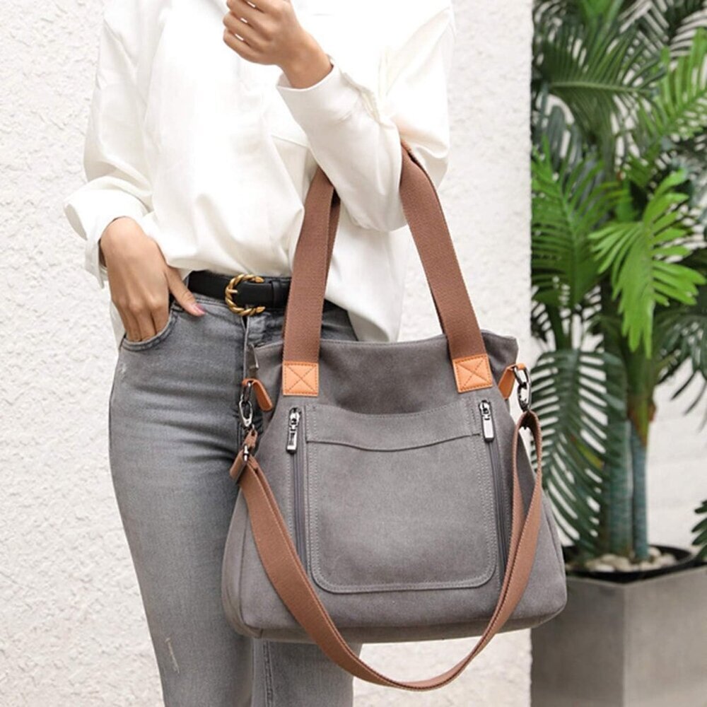 Women's Canvas Tote Bag Work Shoulder Crossbody Bags Vintage Multi-pocket Handba - Picture 7 of 7